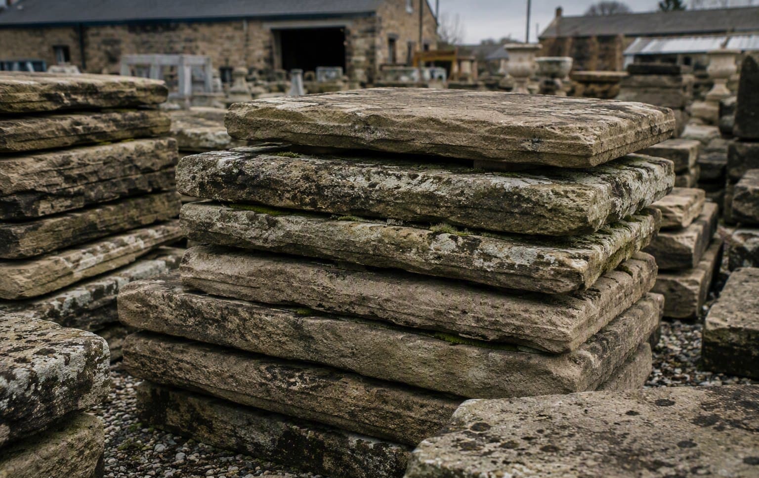 Reclaimed York stone flagstones stacked in the yard