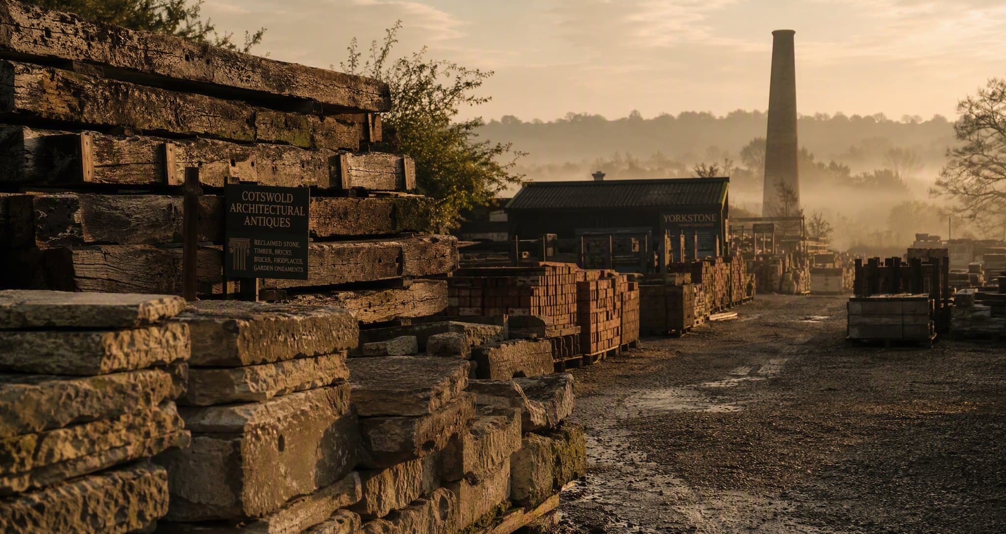 The Ronson Reclaim yard at dawn — stacks of oak beams, stone and brick beneath the old kiln chimney